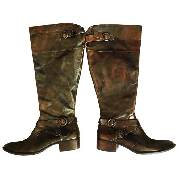 Born Crown Shoes - Born Crown Brown Leather Tall Riding Boots Low Heel Buckle 9 Knee Equestrian